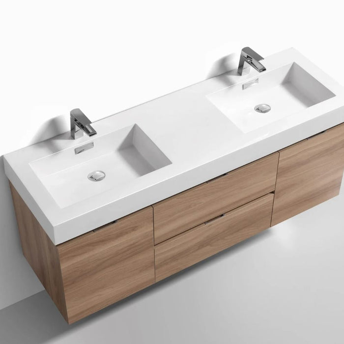 Mayln 60" Honey Oak Wood Veneer Double Sink Vanity – Wall Mounted Modern Bathroom Cabinet with Soft-Close Doors