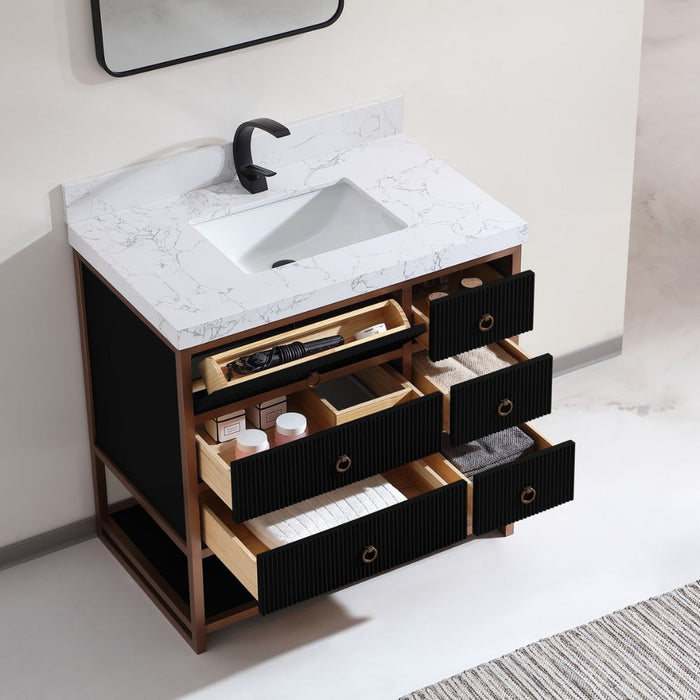 FusionBath Premium 36" Tricorn Black Oak Wood Vanity – Golden Brushed Steel Frame with White Artificial Stone Top & Soft-Close Drawers