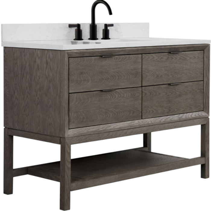 Yashiya 48" Grey Oak Vanity with Legs – White Artificial Stone Top & Pre-Drilled Faucet Holes