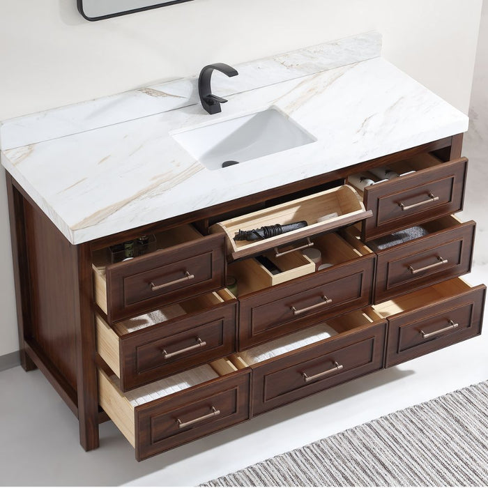 Waldmann 60" Ebony Single Sink Vanity - Dark Wood Cabinet with White Natural Marble Top & Flip Drawer