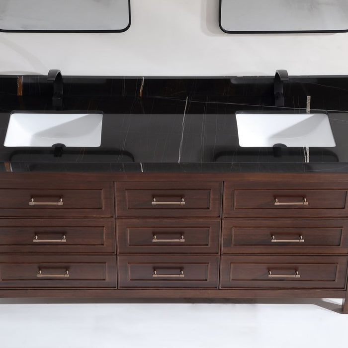 Catia 72" Double Sink Vanity Dark Finish - 2" Black Natural Marble Top with Ceramic Sinks