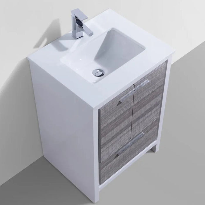 Rodney 24" Ash Gray Wood Veneer Bathroom Vanity – Contemporary Design White Quartz Counter