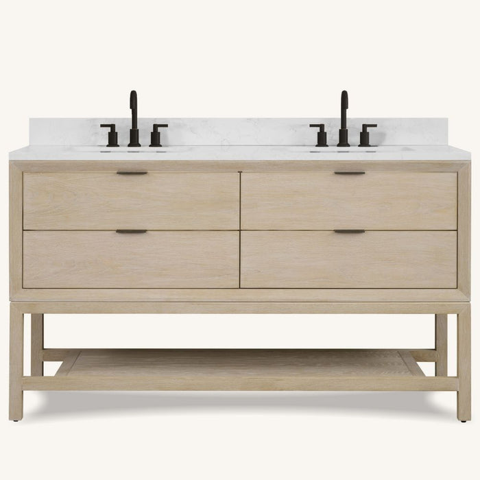 Miren 60" Whitewashed Oak Wood Vanity with Legs – White Stone Top & 3-Hole Faucet Drilling