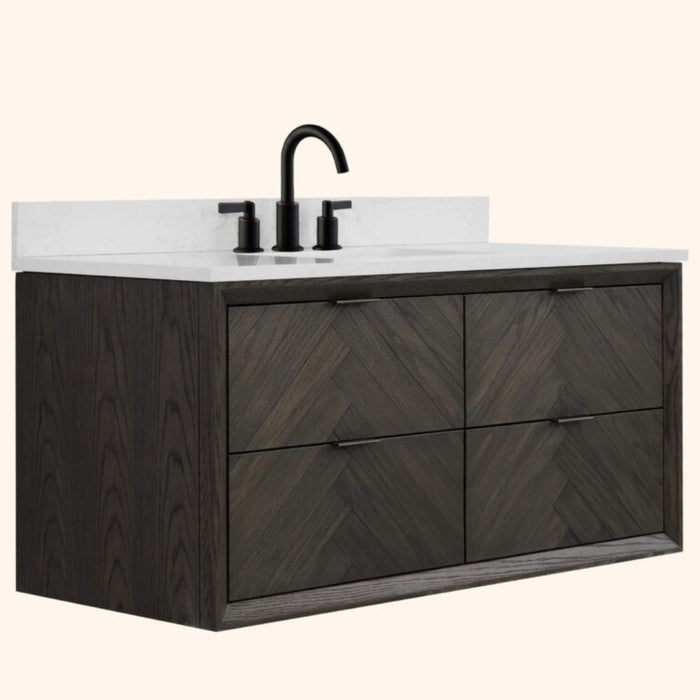 Davina 48" Brown Oak Single Vanity – Freestanding Design with White Artificial Stone & Rectangle Basin
