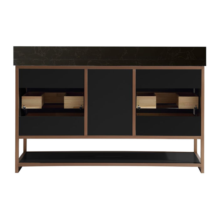 72" Double Vanity With Golden Brush Stainless Steel Frame And Tricorn Black Finish With 2' Thick Black Natual Stone Top