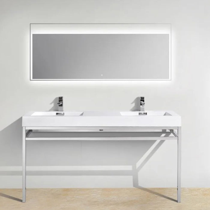 Crius 60" Chrome Double Sink Bathroom Console – 316L Stainless Steel Vanity with White Composite Sink