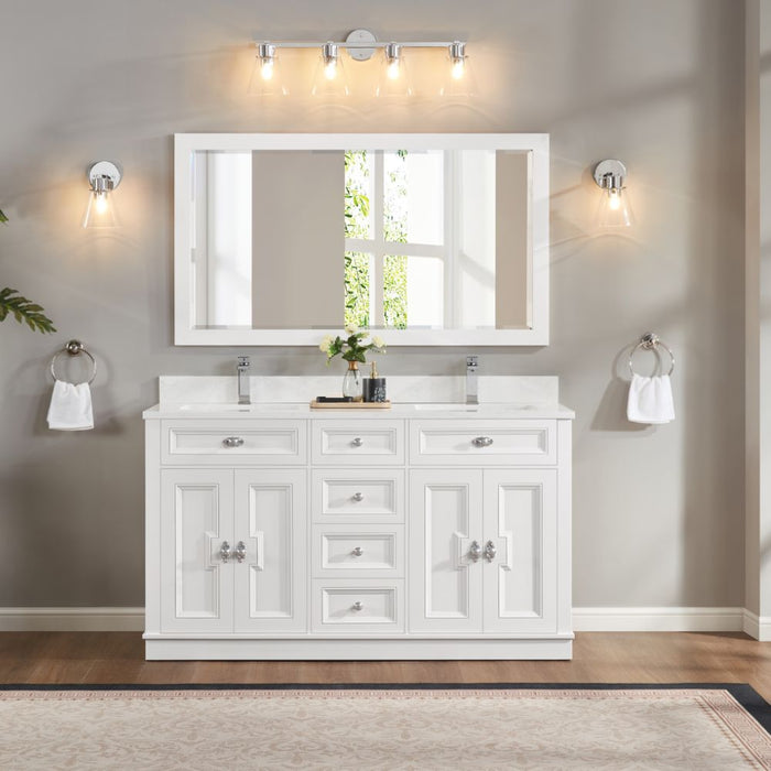 Aveneil Classic 60" White Solid Wood Single Sink Bathroom Vanity with Artificial Stone Top and Soft-Close Drawers