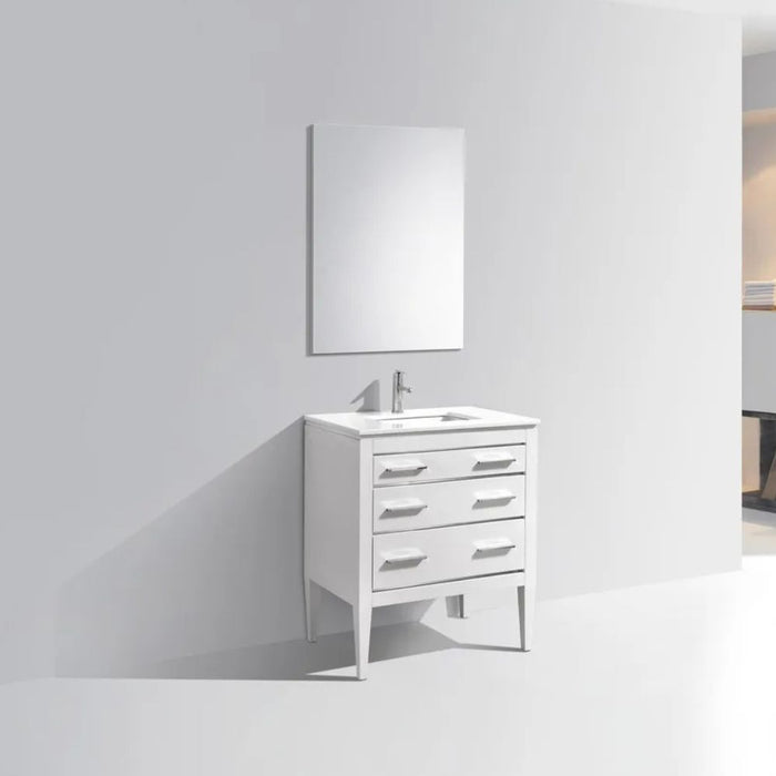 Alistair 30" Art Deco White Bathroom Vanity – Solid Wood Construction with Quartz Counter & 2 Drawers