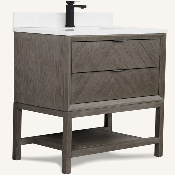 Felicia 36" Grey Oak Bathroom Vanity with White Artificial Stone Top – Modern Single Sink with 2 Drawers