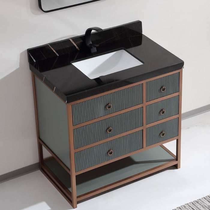 Norwich Modern Industrial 36" Single Sink Bathroom Vanity in Pewter Green – Golden Brush Steel & Oak Construction with Marble Top