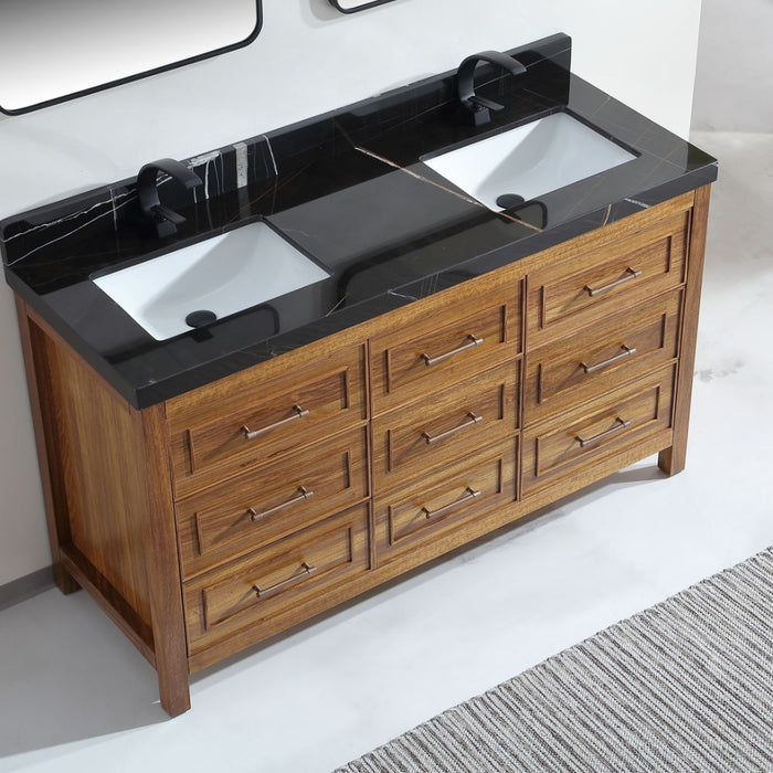 Curtice 60" Ebony Wood Double Sink Vanity - Contemporary Black Natural Marble Top