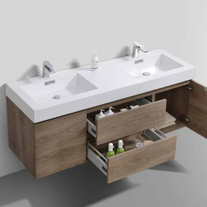 Bliss 60" Double  Sink Butternut Wall Mount Modern Bathroom Vanity