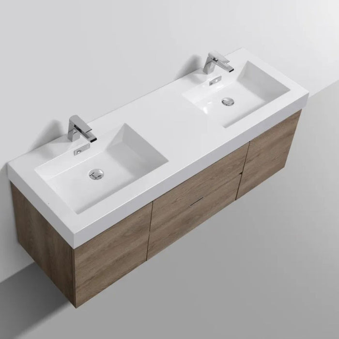 Bliss 60" Double  Sink Butternut Wall Mount Modern Bathroom Vanity