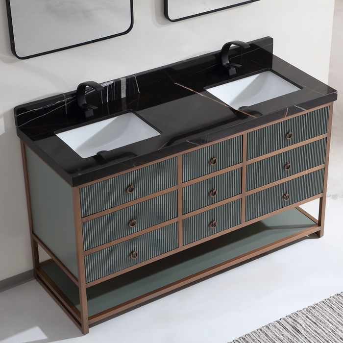 Cadencia 60" Pewter Green Double Vanity with Golden Brush Stainless Steel Frame – Modern Industrial Style with 2" Black Natural Stone Top