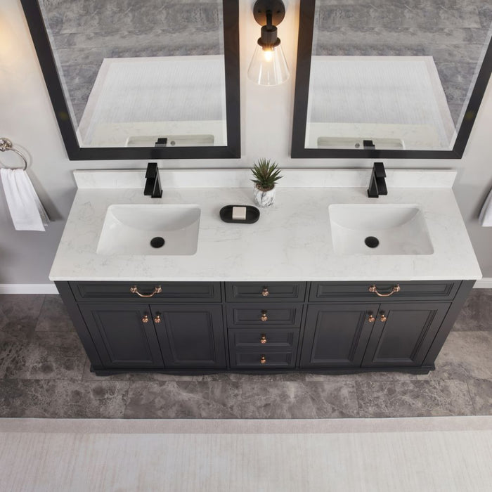Isidora 72" Tricorn Black Bathroom Vanity Cabinet Solid Wood Construction Double Sink with Stone Top