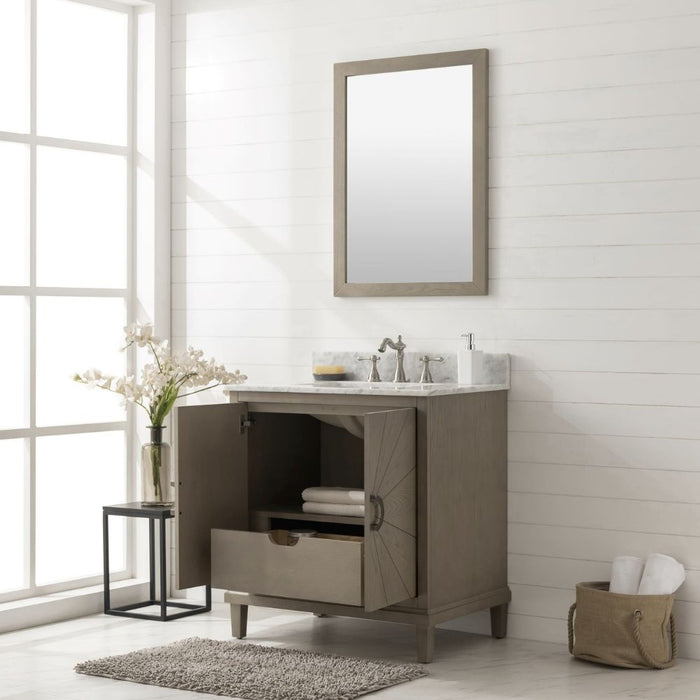 Single Sink Bathroom Vanity in Antique Gray Oak – Magi White Countertop with Pre-Drilled Faucet Holes