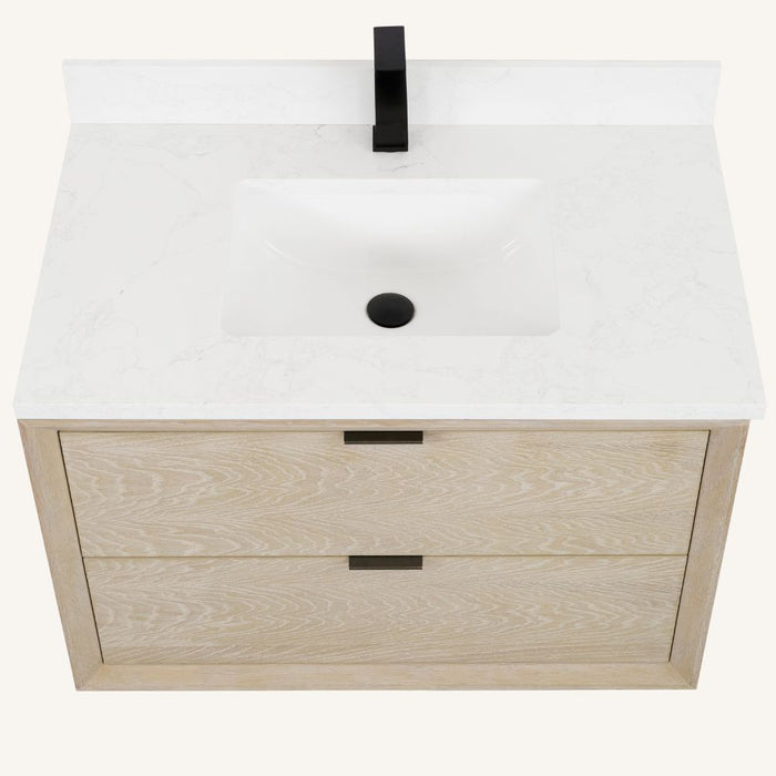 Flax 36" Whitewashed Oak Vanity Cabinet - White Artificial Stone Top with Rectangle Basin & Soft Close Drawers