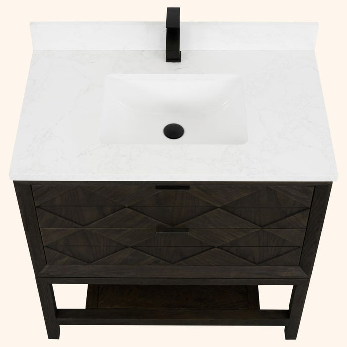 Bates 36" Brown Oak Single Sink Bathroom Vanity with Artificial Stone Top - 2 Drawer 1 Shelf