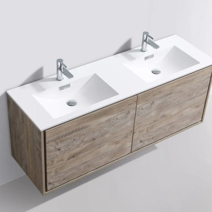 Odilia Nature Wood 60" Wall Mount Double Sink Vanity – Modern Bathroom Vanity with 4 Drawers