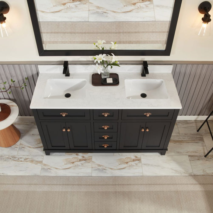Raurey 60" Tricorn Black Single Sink Vanity with Stone Top & Soft-Close Drawers