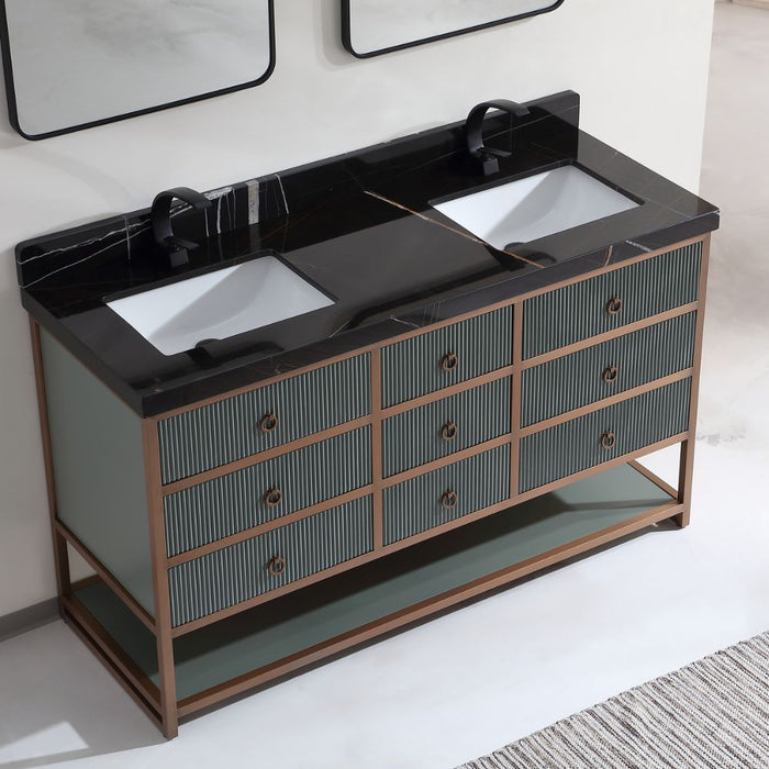 Marlisa 72" Pewter Green Solid Oak Double Vanity – Contemporary Industrial Style with Golden Brush Steel Frame