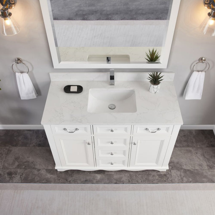 Arielle 48" White Wood Single Sink Vanity Cabinet - Artificial Stone Countertop, Soft-Close Doors & 5 Drawers