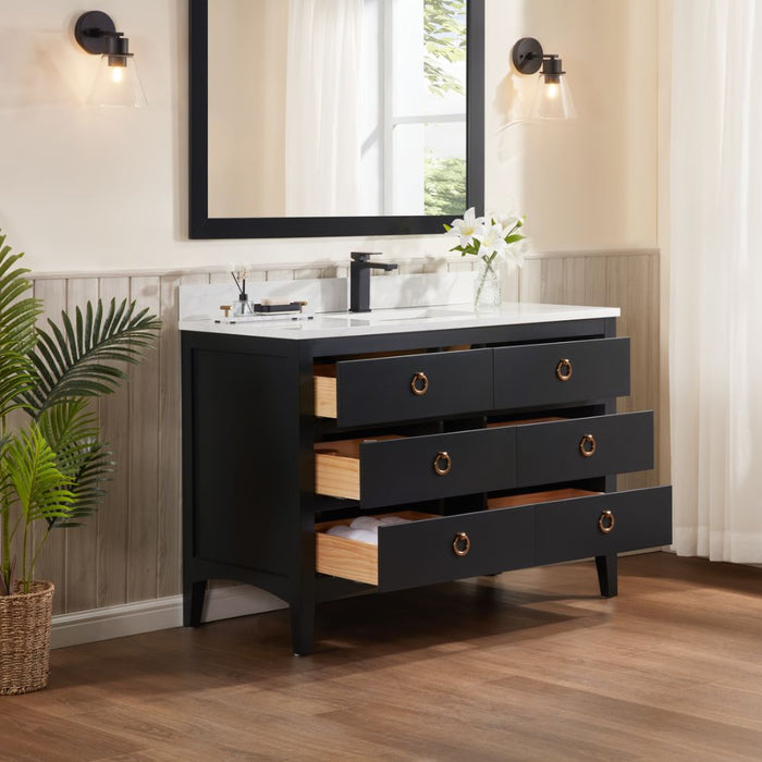 Ginaro 48" Black Solid Wood Sink Vanity – Modern Bathroom Cabinet with Stone Top