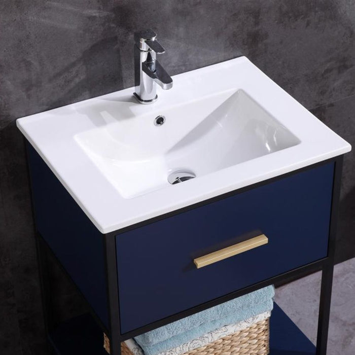 24" Modern Blue Bathroom Vanity - PVC Frame with White Ceramic Top & Single Drawer