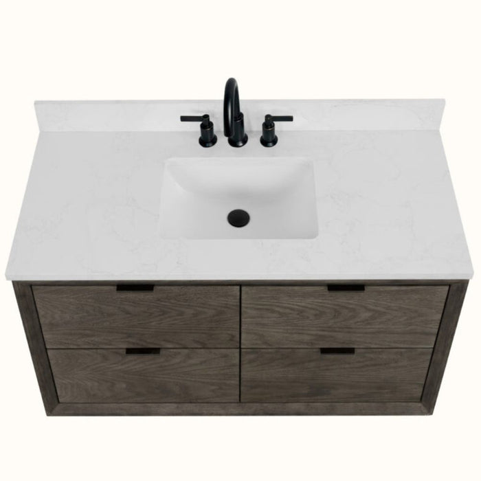 Leonice 48" Grey Oak Finish Bathroom Vanity 1" Thick White Stone Top – Modern Single Sink 2-Drawer