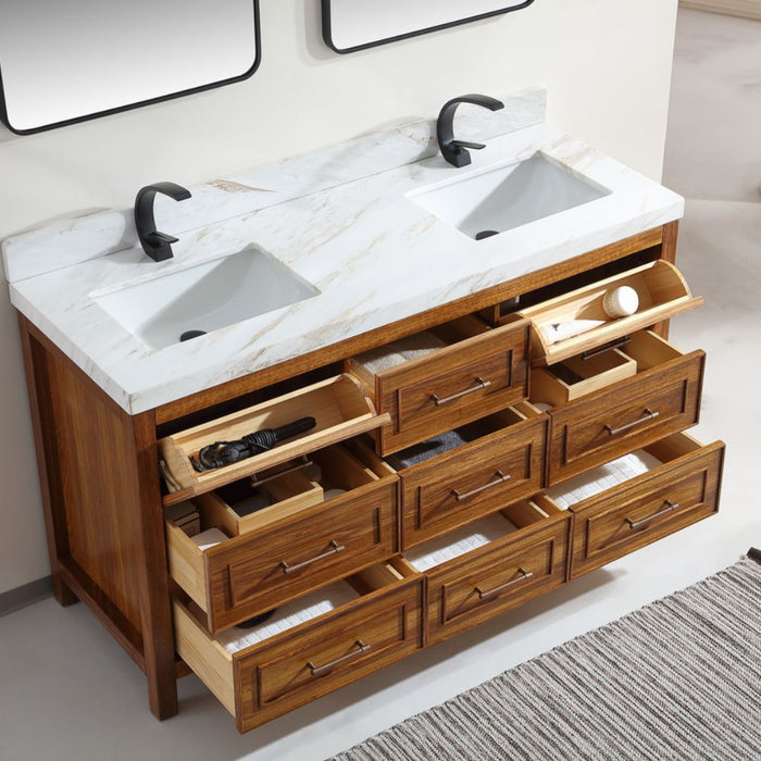Marya Ebony Wood 60" Double Sink Bathroom Vanity – Modern Style with White Marble Top and Soft-Close Storage
