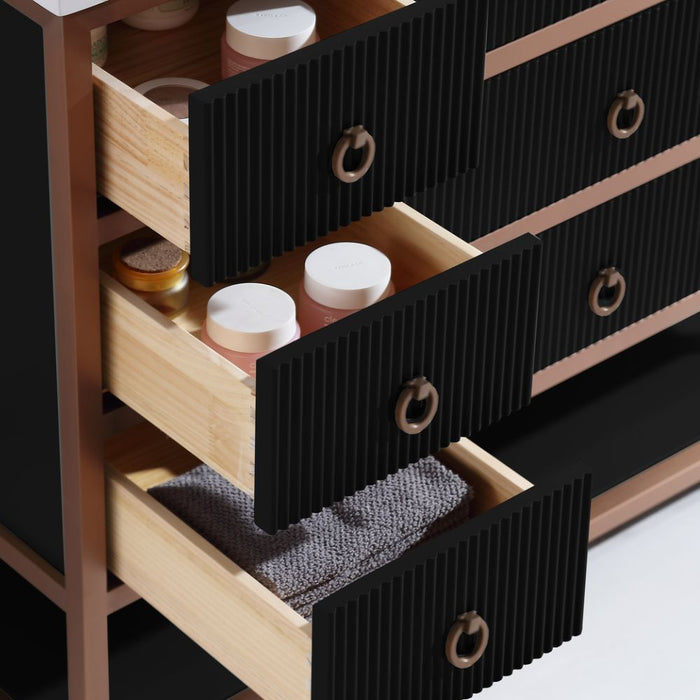 Fannie 48" Tricorn Black Oak Wood Bathroom Vanity with Golden Stainless Steel Frame - 8 Drawer Storage