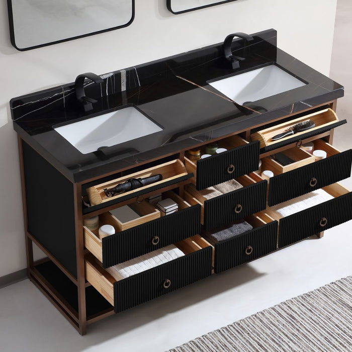 72" Double Vanity With Golden Brush Stainless Steel Frame And Tricorn Black Finish With 2' Thick Black Natual Stone Top