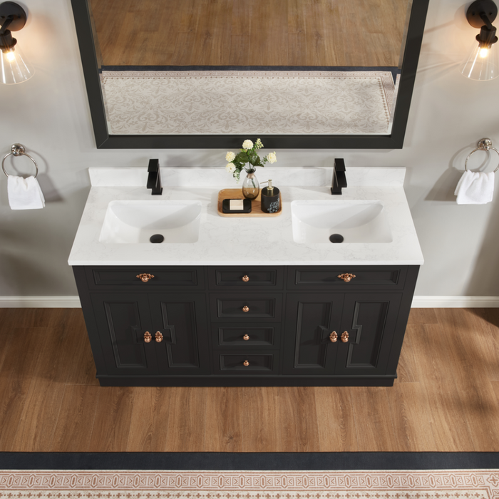 Louvain 60" Tricorn Black Freestanding Bathroom Vanity with Stone Countertop and Soft-Close Drawers