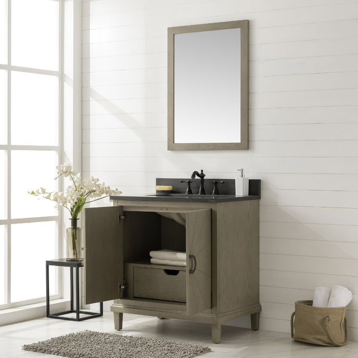 Hawley 30" Antique Gray Oak Bathroom Vanity – Blue Limestone Countertop with Soft Close Hardware