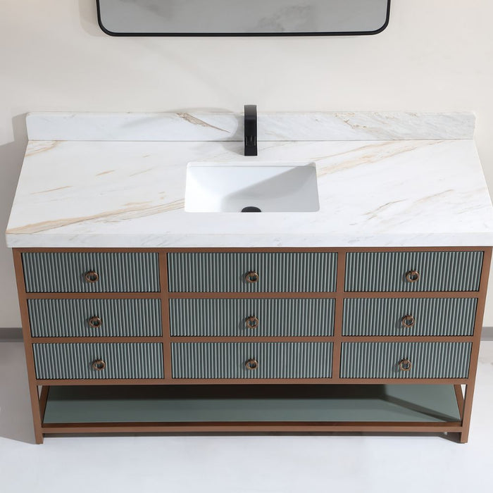 Annetha 60" Single Vanity Pewter Green Golden Brush Stainless Steel Frame – Modern Bathroom Vanity with 2" White Natural Stone Top