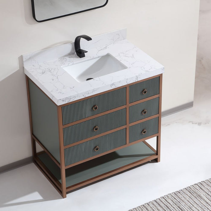 Napoleon Contemporary 36" Pewter Green Golden Brush Vanity Cabinet – Solid Oak Frame with White Ceramic Sink & Stone Top