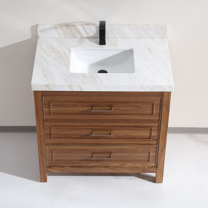 36" White Natural Marble Bathroom Vanity - Contemporary Wood Frame with Ceramic Sink