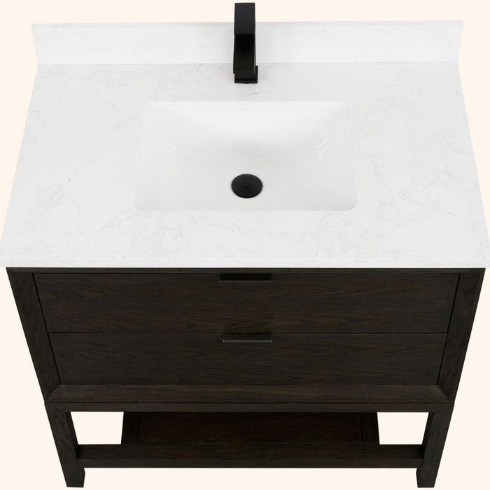 Adkin 36" Brown Oak Finish Bathroom Vanity – 1" Thick Artificial Stone Countertop