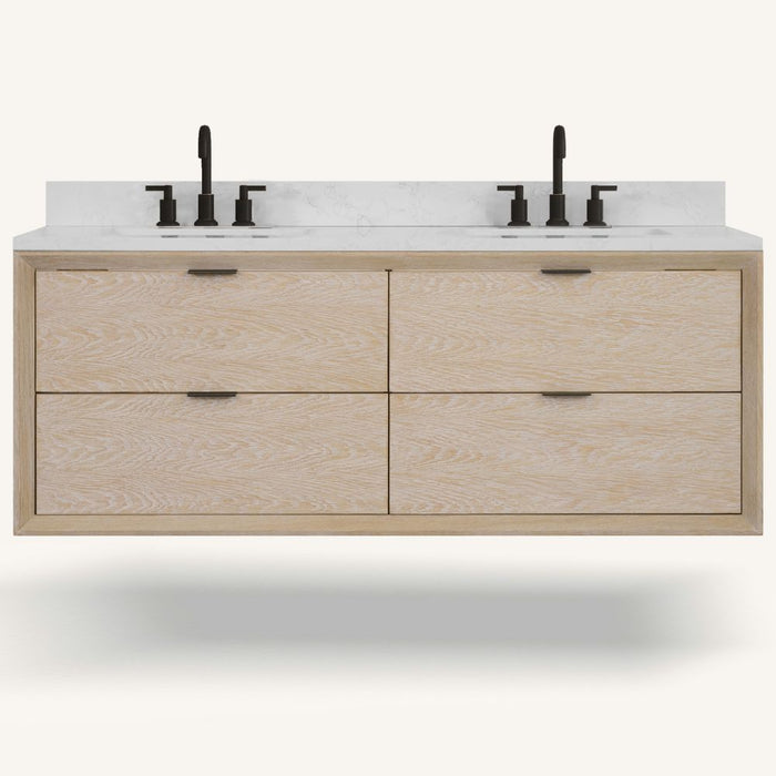 Adra 60" Whitewashed Oak Bathroom Vanity with 1" White Artificial Stone Countertop - Single Sink Free-Standing Vanity