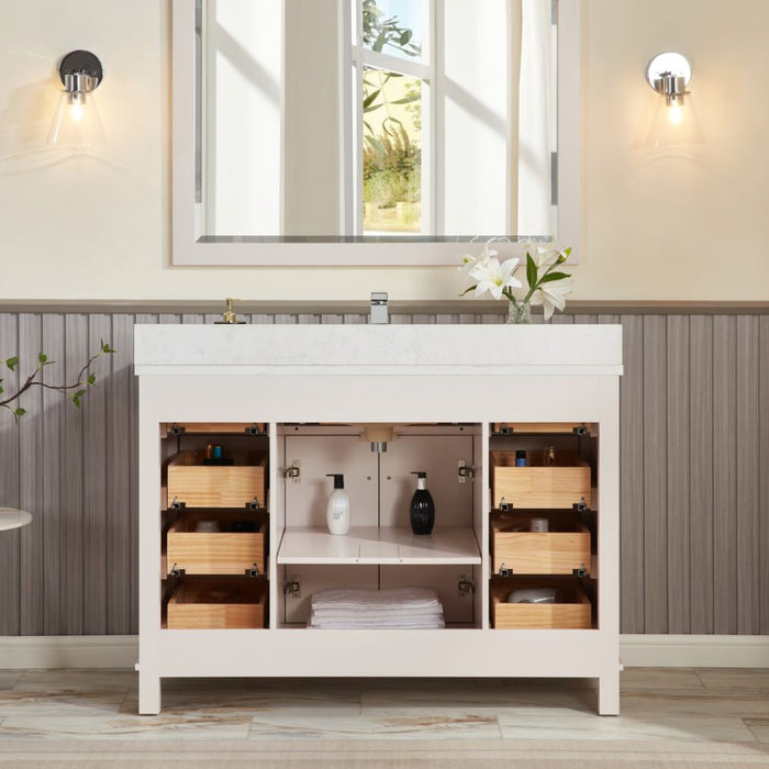Fernanda 48" Solid Wood Bathroom Vanity in Dreamy White with 1" Artificial Stone Top & Soft Close Storage