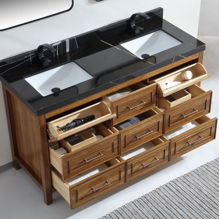 Curtice 60" Ebony Wood Double Sink Vanity - Contemporary Black Natural Marble Top