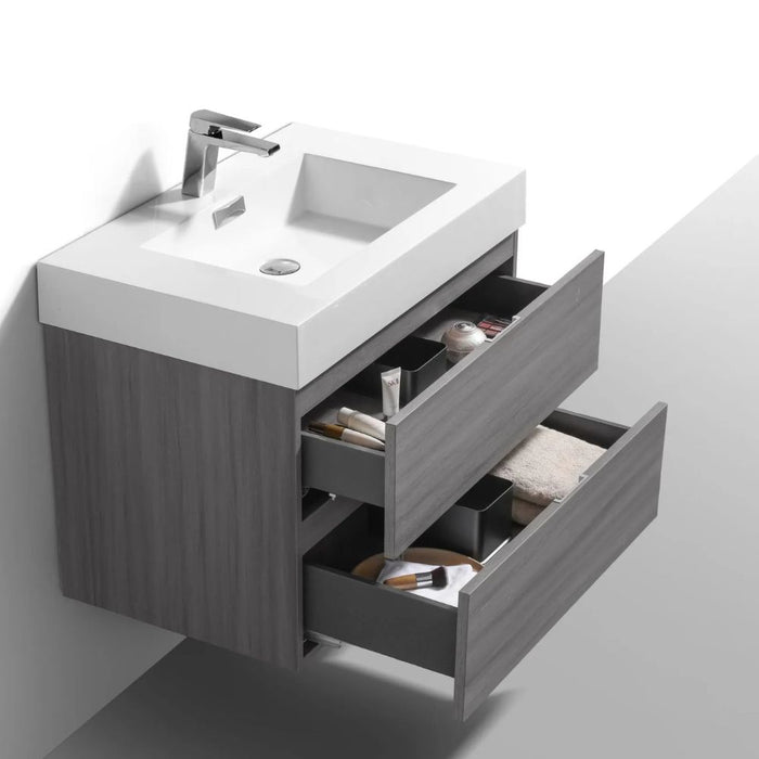 Vulcan Bliss 30" Vulcan Ash Grey Wood Veneer Wall Mount Bathroom Vanity – Modern Style with Soft-Close Drawers