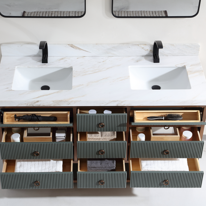 60" Double Vanity Stainless Steel Golden Brush Frame – Contemporary Pewter Green 2" White Marble Top 9 Drawers
