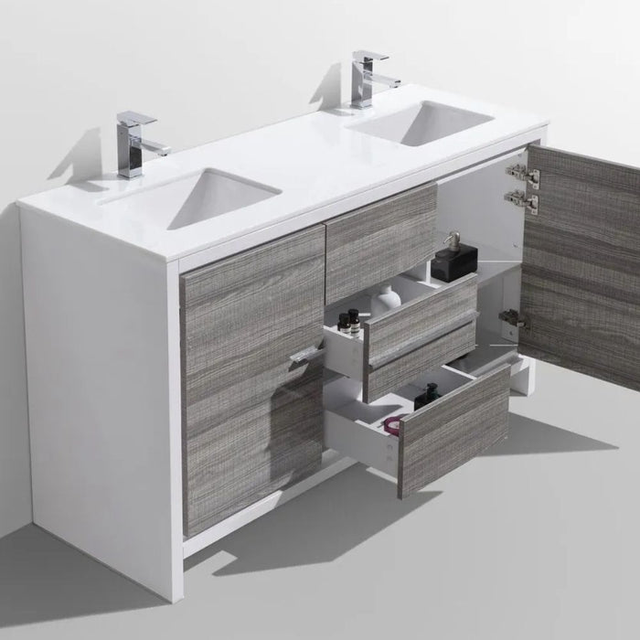 Emmie 60" Ash Gray Modern Bathroom Vanity with Double Sink – White Quartz Counter and Soft Close Drawers