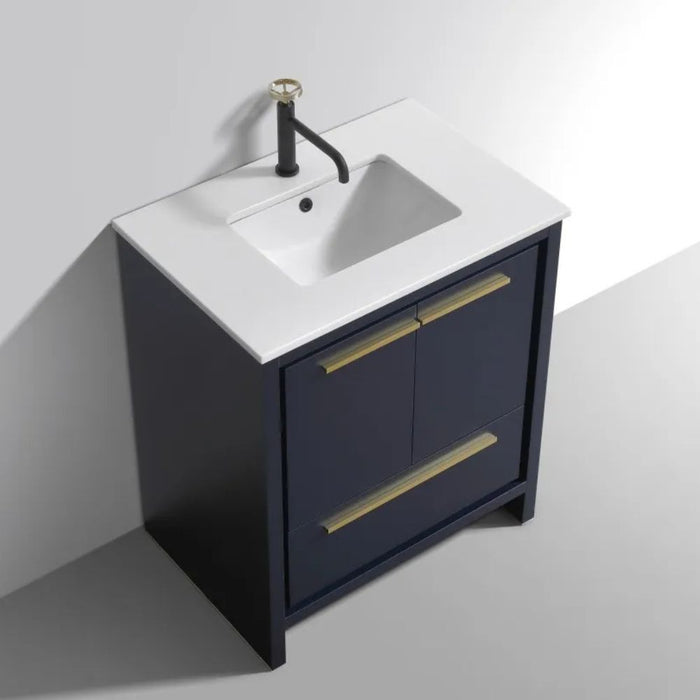 Kaisley 30" Blue Modern Vanity Cabinet with White Quartz Counter - Soft Closing Hardware