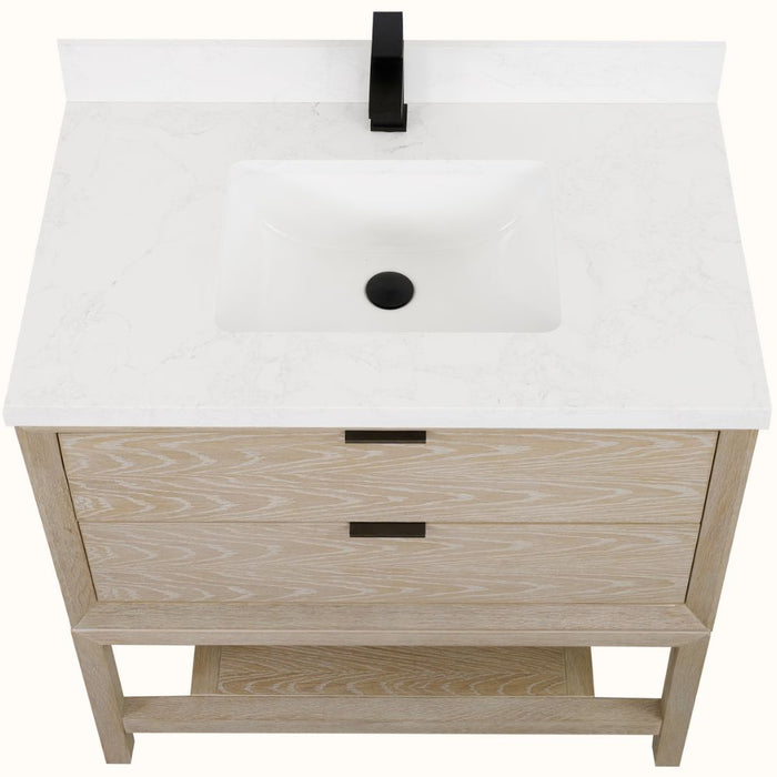Warren 36" Oak Bathroom Vanity with Drawer - Whitewashed Finish Single Sink Vanity with White Stone Top