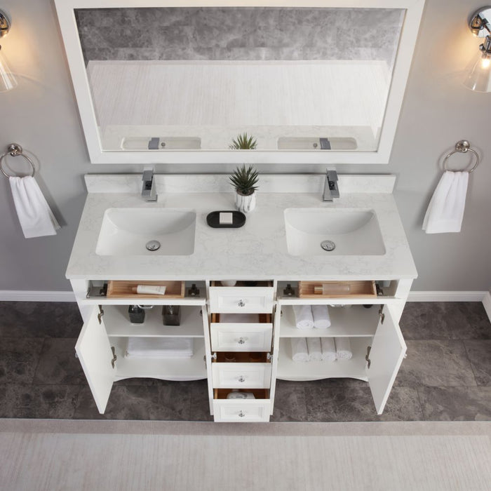 Petronelle 60" Solid Wood White Traditional Bathroom Vanity - Artificial Stone Top with Soft Close Drawers