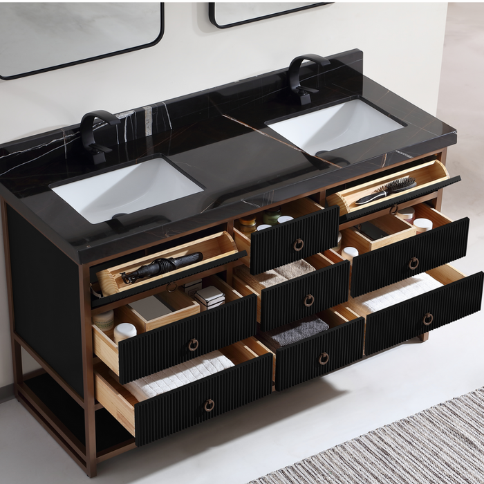 Kimberly 60" Double Bathroom Vanity Tricorn Black Finish - Stainless Steel Frame with 7 Drawers