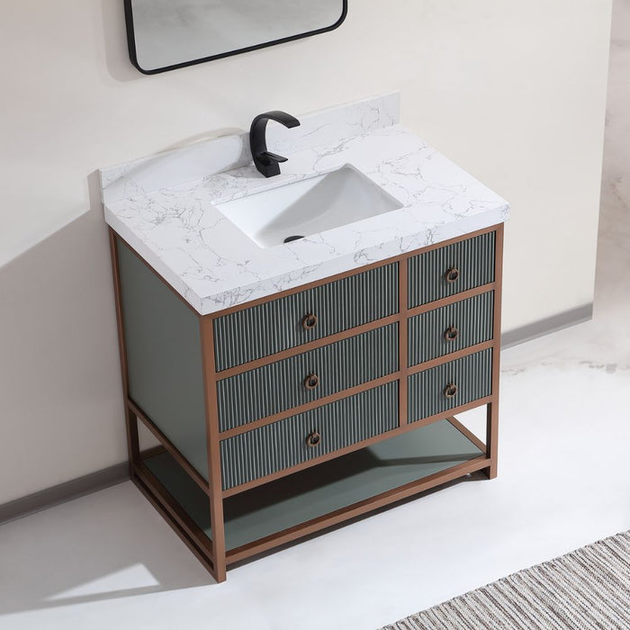 Charlemagne 36" Tricorn Black Golden Brush Stainless Steel Bathroom Vanity – Contemporary Style with Natural Stone Top