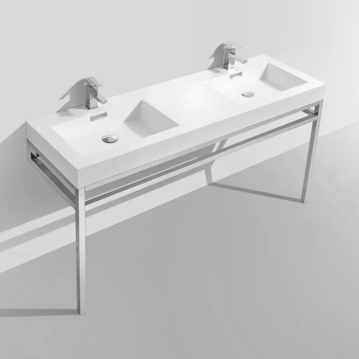 Crius 60" Chrome Double Sink Bathroom Console – 316L Stainless Steel Vanity with White Composite Sink